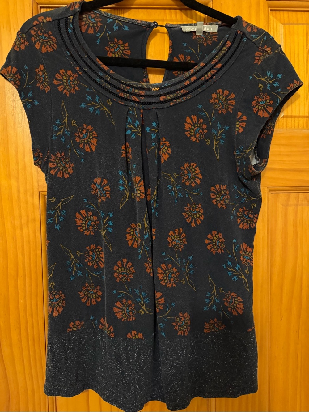 Daniel Rainn Navy Cap-Sleeve Scoop Neck Top with Rust Floral and Teal Sprigs
